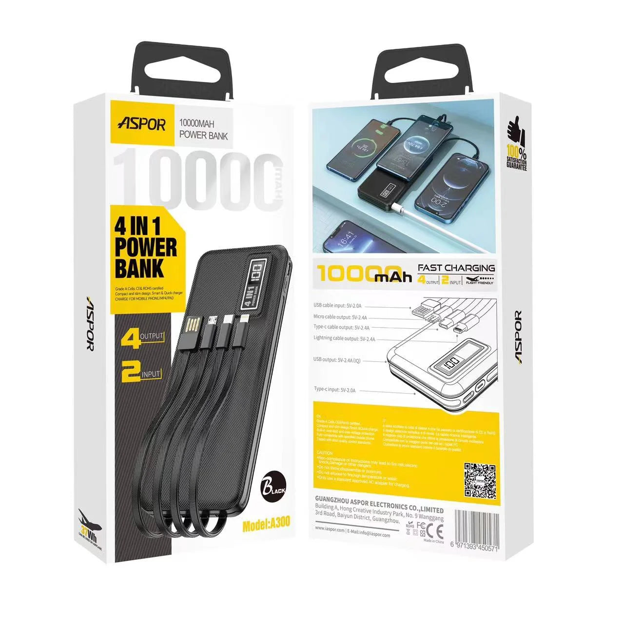 ASPOR A300 Power Bank Original 10000MAH LI-POLYMER Battery 4 IN 1